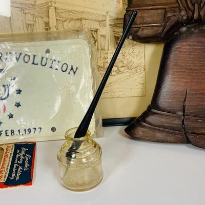 LOT 365: Collection of Patriotic Memorabilia Including Wooden Liberty Bell, Lincoln Paper Weight, Ink Well and Pen. and Much More