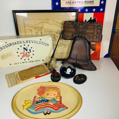 LOT 365: Collection of Patriotic Memorabilia Including Wooden Liberty Bell, Lincoln Paper Weight, Ink Well and Pen. and Much More