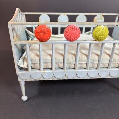 LOT 406: Vintage Doll Collection: Irwin Kewpie Doll, Plastic Doll w/Sleepy Eyes, Blue Doll Crib, Rubber Salvation Army Doll, Squeaky...