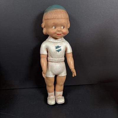 LOT 406: Vintage Doll Collection: Irwin Kewpie Doll, Plastic Doll w/Sleepy Eyes, Blue Doll Crib, Rubber Salvation Army Doll, Squeaky...