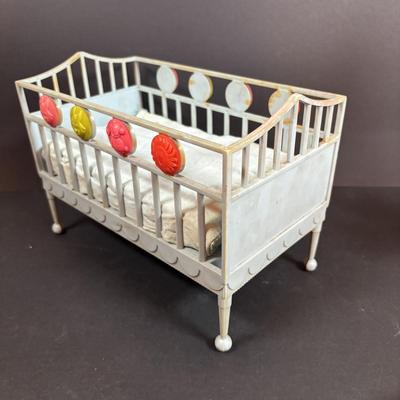 LOT 406: Vintage Doll Collection: Irwin Kewpie Doll, Plastic Doll w/Sleepy Eyes, Blue Doll Crib, Rubber Salvation Army Doll, Squeaky...