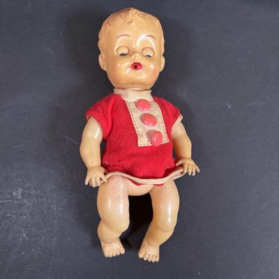 LOT 406: Vintage Doll Collection: Irwin Kewpie Doll, Plastic Doll w/Sleepy Eyes, Blue Doll Crib, Rubber Salvation Army Doll, Squeaky...