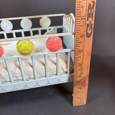 LOT 406: Vintage Doll Collection: Irwin Kewpie Doll, Plastic Doll w/Sleepy Eyes, Blue Doll Crib, Rubber Salvation Army Doll, Squeaky...