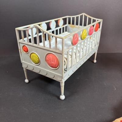 LOT 406: Vintage Doll Collection: Irwin Kewpie Doll, Plastic Doll w/Sleepy Eyes, Blue Doll Crib, Rubber Salvation Army Doll, Squeaky...