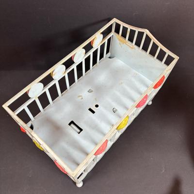 LOT 406: Vintage Doll Collection: Irwin Kewpie Doll, Plastic Doll w/Sleepy Eyes, Blue Doll Crib, Rubber Salvation Army Doll, Squeaky...