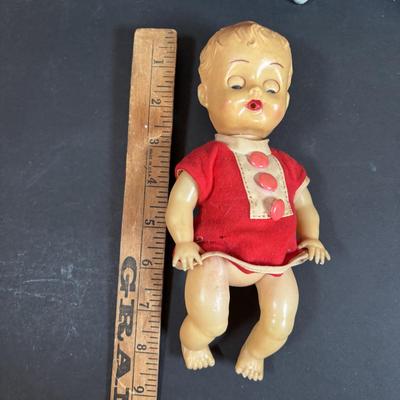 LOT 406: Vintage Doll Collection: Irwin Kewpie Doll, Plastic Doll w/Sleepy Eyes, Blue Doll Crib, Rubber Salvation Army Doll, Squeaky...