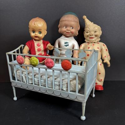 LOT 406: Vintage Doll Collection: Irwin Kewpie Doll, Plastic Doll w/Sleepy Eyes, Blue Doll Crib, Rubber Salvation Army Doll, Squeaky...