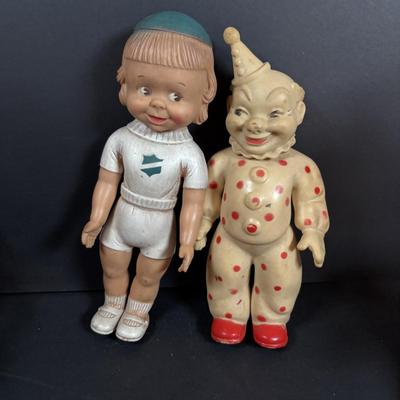 LOT 406: Vintage Doll Collection: Irwin Kewpie Doll, Plastic Doll w/Sleepy Eyes, Blue Doll Crib, Rubber Salvation Army Doll, Squeaky...