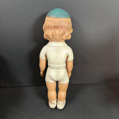 LOT 406: Vintage Doll Collection: Irwin Kewpie Doll, Plastic Doll w/Sleepy Eyes, Blue Doll Crib, Rubber Salvation Army Doll, Squeaky...