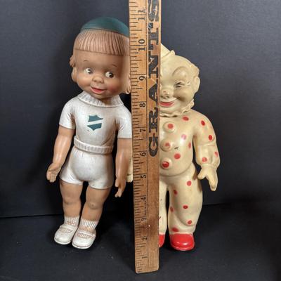 LOT 406: Vintage Doll Collection: Irwin Kewpie Doll, Plastic Doll w/Sleepy Eyes, Blue Doll Crib, Rubber Salvation Army Doll, Squeaky...