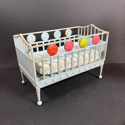 LOT 406: Vintage Doll Collection: Irwin Kewpie Doll, Plastic Doll w/Sleepy Eyes, Blue Doll Crib, Rubber Salvation Army Doll, Squeaky...