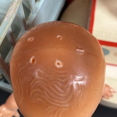 LOT 406: Vintage Doll Collection: Irwin Kewpie Doll, Plastic Doll w/Sleepy Eyes, Blue Doll Crib, Rubber Salvation Army Doll, Squeaky...