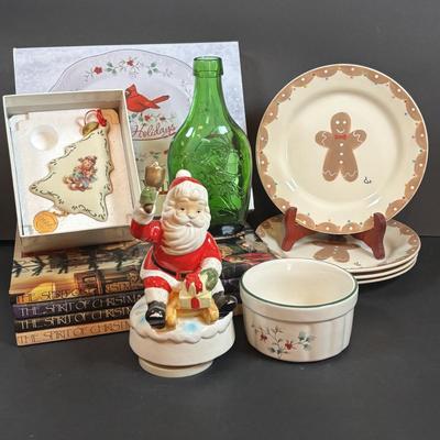 LOT 407: Hand Painted Le Gourmet Chef Gingerbread Man Plates (4), 2006 Hummel Ornament, Pfaltzgraff Winter Berry Platter, Ceramic Santa...