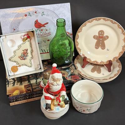 LOT 407: Hand Painted Le Gourmet Chef Gingerbread Man Plates (4), 2006 Hummel Ornament, Pfaltzgraff Winter Berry Platter, Ceramic Santa...