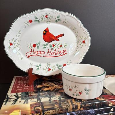 LOT 407: Hand Painted Le Gourmet Chef Gingerbread Man Plates (4), 2006 Hummel Ornament, Pfaltzgraff Winter Berry Platter, Ceramic Santa...