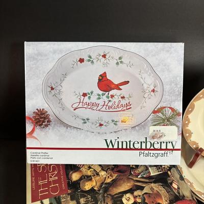 LOT 407: Hand Painted Le Gourmet Chef Gingerbread Man Plates (4), 2006 Hummel Ornament, Pfaltzgraff Winter Berry Platter, Ceramic Santa...