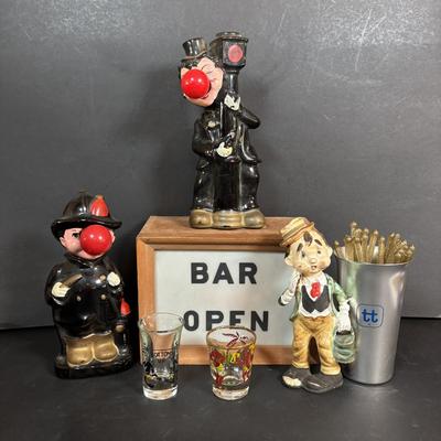 LOT 409: Vintage Hobo w/Lamp Post & Red-Light Nose Open Bar Light, Fireman w/Red-Light Nose, Novelty Shot Glasses, The...