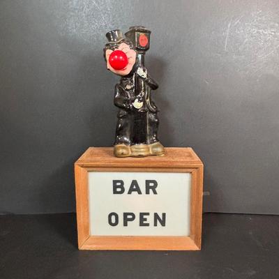 LOT 409: Vintage Hobo w/Lamp Post & Red-Light Nose Open Bar Light, Fireman w/Red-Light Nose, Novelty Shot Glasses, The...