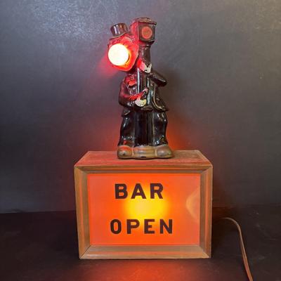 LOT 409: Vintage Hobo w/Lamp Post & Red-Light Nose Open Bar Light, Fireman w/Red-Light Nose, Novelty Shot Glasses, The...