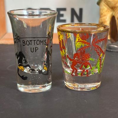 LOT 409: Vintage Hobo w/Lamp Post & Red-Light Nose Open Bar Light, Fireman w/Red-Light Nose, Novelty Shot Glasses, The...