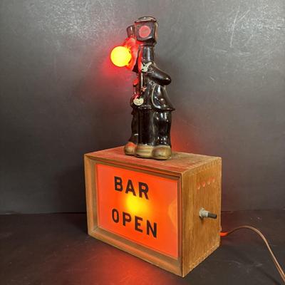 LOT 409: Vintage Hobo w/Lamp Post & Red-Light Nose Open Bar Light, Fireman w/Red-Light Nose, Novelty Shot Glasses, The...
