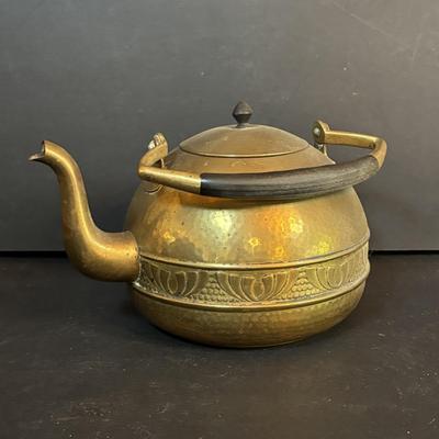 LOT 410: Vintage Brass Kitchen Utensils w/Hanging Rack, Brass Teapot, Spoon Holders & Spoons