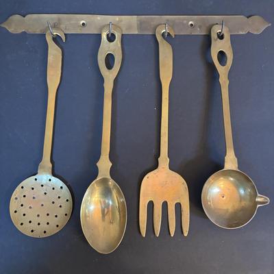 LOT 410: Vintage Brass Kitchen Utensils w/Hanging Rack, Brass Teapot, Spoon Holders & Spoons