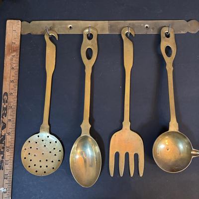 LOT 410: Vintage Brass Kitchen Utensils w/Hanging Rack, Brass Teapot, Spoon Holders & Spoons