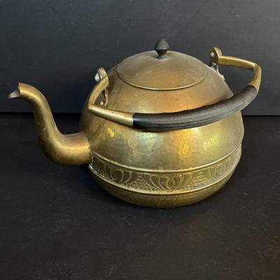 LOT 410: Vintage Brass Kitchen Utensils w/Hanging Rack, Brass Teapot, Spoon Holders & Spoons