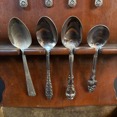 LOT 410: Vintage Brass Kitchen Utensils w/Hanging Rack, Brass Teapot, Spoon Holders & Spoons
