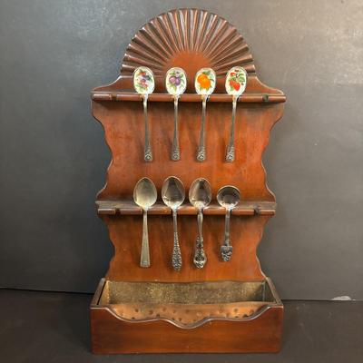 LOT 410: Vintage Brass Kitchen Utensils w/Hanging Rack, Brass Teapot, Spoon Holders & Spoons