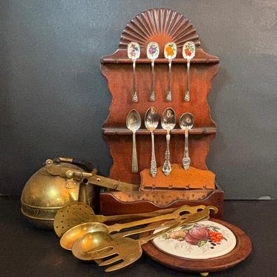 LOT 410: Vintage Brass Kitchen Utensils w/Hanging Rack, Brass Teapot, Spoon Holders & Spoons