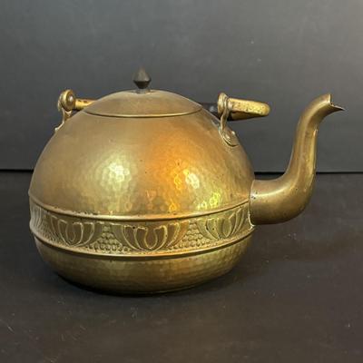 LOT 410: Vintage Brass Kitchen Utensils w/Hanging Rack, Brass Teapot, Spoon Holders & Spoons