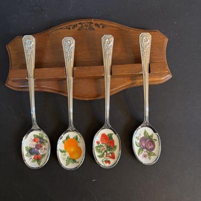 LOT 410: Vintage Brass Kitchen Utensils w/Hanging Rack, Brass Teapot, Spoon Holders & Spoons