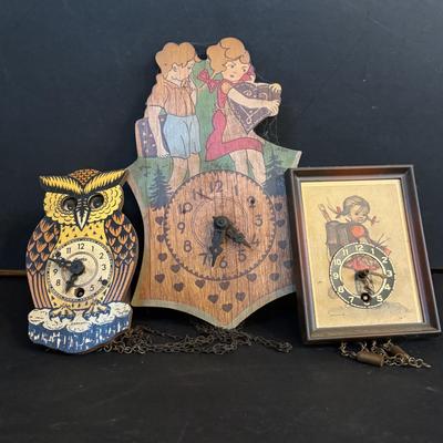 LOT 411: Mini Wall Clock Collection: Hummel West Germany, Wooden Sweethearts - West Germany, Linden Owl -Germany