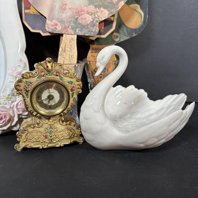 LOT 413: Goebel W. Germany White Swan ZV161 Candy Dish, Semca Travel Rhinestone Alarm Clock-Germany, Sheffield Clock-Germany, Lenox...