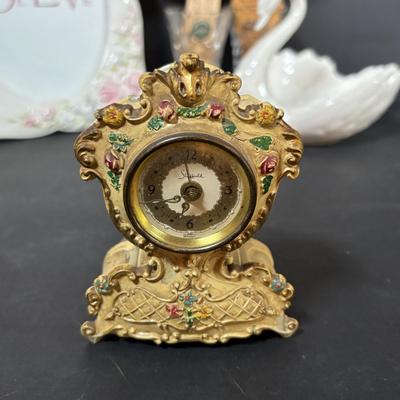 LOT 413: Goebel W. Germany White Swan ZV161 Candy Dish, Semca Travel Rhinestone Alarm Clock-Germany, Sheffield Clock-Germany, Lenox...