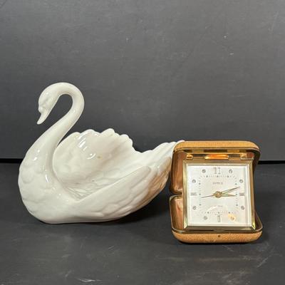LOT 413: Goebel W. Germany White Swan ZV161 Candy Dish, Semca Travel Rhinestone Alarm Clock-Germany, Sheffield Clock-Germany, Lenox...