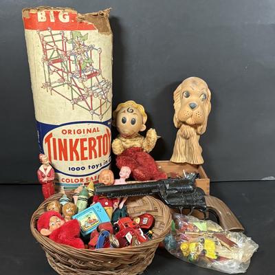 LOT 414: Vintage Toy Collection: Mattel Fanner Gun, Marx Toy Gun, 1953 Kaysam Latex Dog, Sweet Pea Doll, Tinker Toys & More