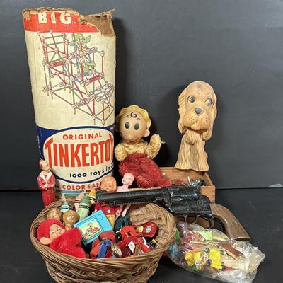 LOT 414: Vintage Toy Collection: Mattel Fanner Gun, Marx Toy Gun, 1953 Kaysam Latex Dog, Sweet Pea Doll, Tinker Toys & More