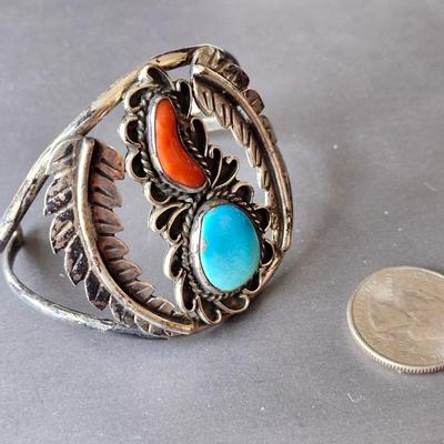 Coral and Turquoise Sterling Navajo Cuff