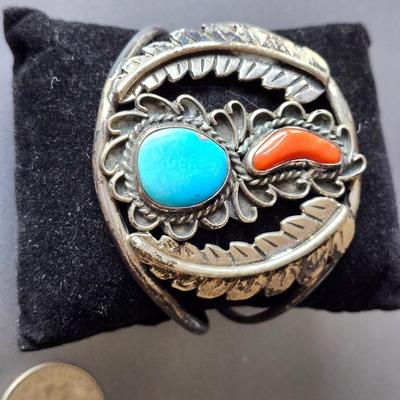 Coral and Turquoise Sterling Navajo Cuff