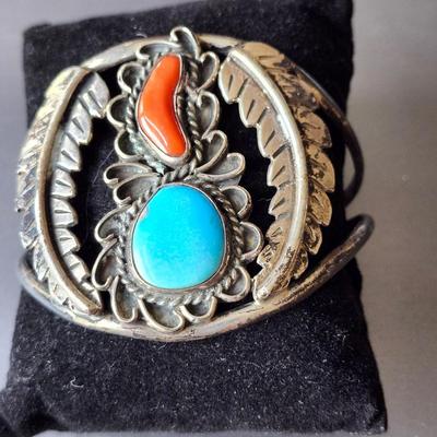 Coral and Turquoise Sterling Navajo Cuff