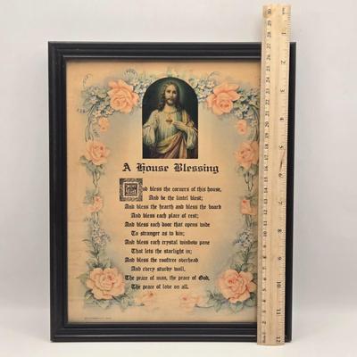 LOT 41K: Framed House Blessing Prayer , Crucifix, Sacred Heart Print, Mary and Child Statue, Praying Hands Plaque, & Mother's...