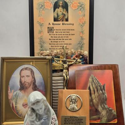 LOT 41K: Framed House Blessing Prayer , Crucifix, Sacred Heart Print, Mary and Child Statue, Praying Hands Plaque, & Mother's...
