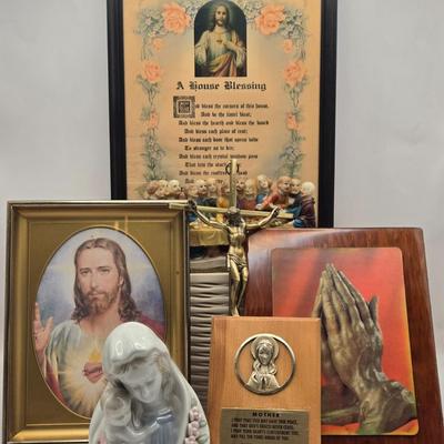 LOT 41K: Framed House Blessing Prayer , Crucifix, Sacred Heart Print, Mary and Child Statue, Praying Hands Plaque, & Mother's...