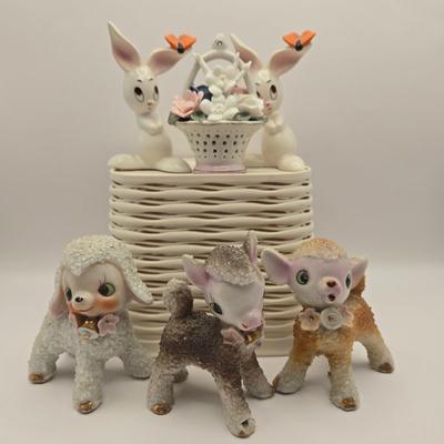 LOT 46K: Just in Time For Spring! 1950s Sugar Salt Glazed Baby Fawn, Lamb, & Sheep Donkey , 2 Goebel Bunnies, & Basket of Flowers