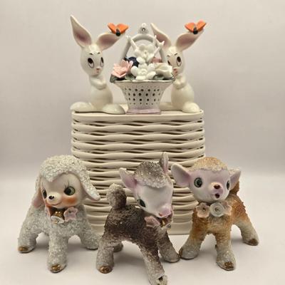 LOT 46K: Just in Time For Spring! 1950s Sugar Salt Glazed Baby Fawn, Lamb, & Sheep Donkey , 2 Goebel Bunnies, & Basket of Flowers