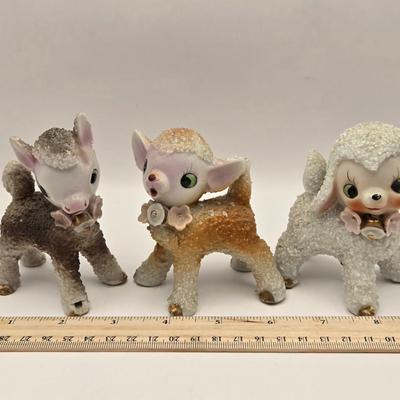 LOT 46K: Just in Time For Spring! 1950s Sugar Salt Glazed Baby Fawn, Lamb, & Sheep Donkey , 2 Goebel Bunnies, & Basket of Flowers