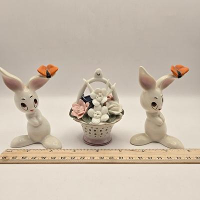 LOT 46K: Just in Time For Spring! 1950s Sugar Salt Glazed Baby Fawn, Lamb, & Sheep Donkey , 2 Goebel Bunnies, & Basket of Flowers